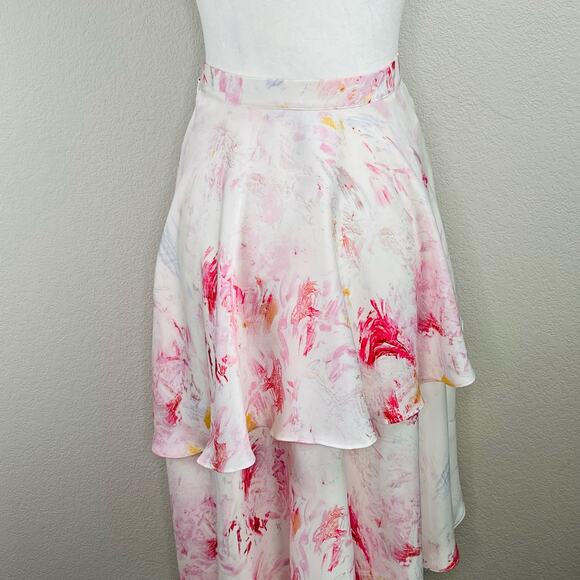 BCBGMaxAzria Asymmetric Tiered Satin Multi Pink White Marbled Midi Skirt Medium - Picture 10 of 13